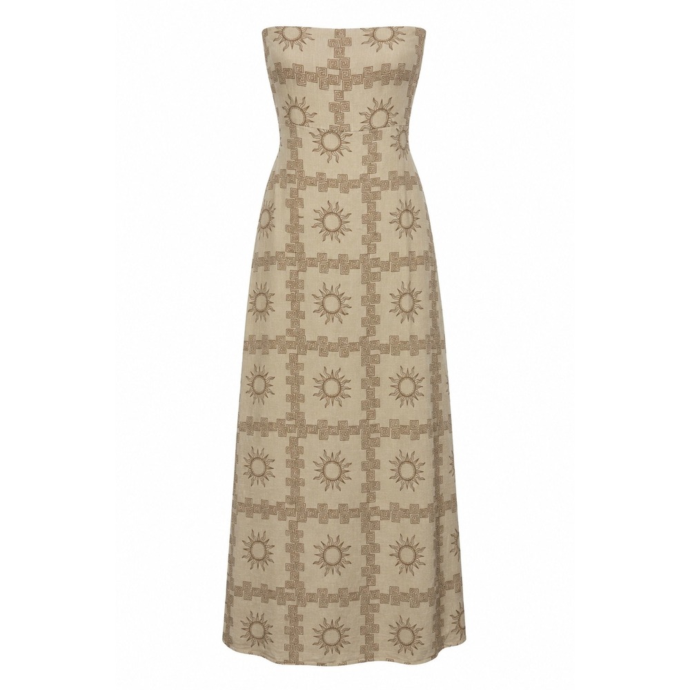 Paper Heart Strapless Maxi Dress Beige Sun Celestial Print Boho Tube Dress M